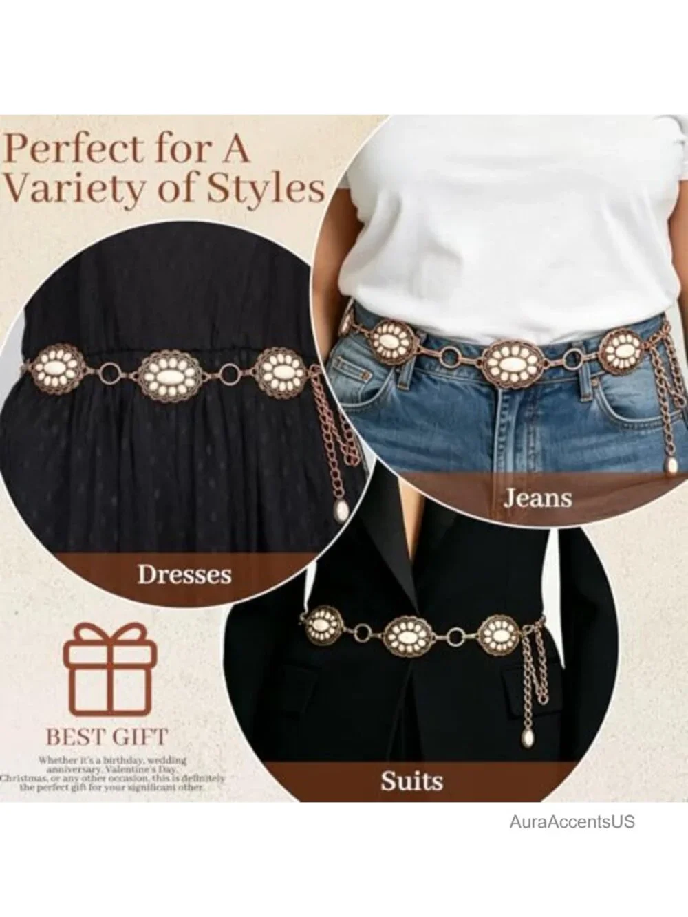 Turquoise Concho Chain Waist Belt, Western Cowgirl Belt for Dresses